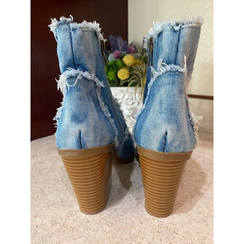 Distressed Denim Ankle Boots With Chunky Heels & Zipper Closure - Picture 4 of 11